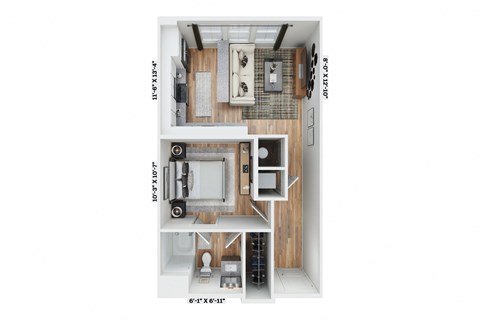 a stylized floor plan of a house with a bedroom and a living room